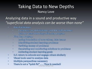 Taking Data to New Depths
Nancy Love
Analyzing data in a sound and productive way
“superficial data analysis can be worse than none”
Emily Ross EdPsych 510
 
