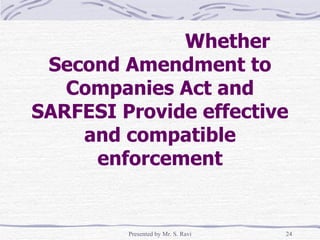 Whether Second Amendment to Companies Act and SARFESI Provide effective and compatible enforcement 