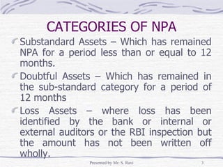 CATEGORIES OF NPA Substandard Assets – Which has remained NPA for a period less than or equal to 12 months.  Doubtful Assets – Which has remained in the sub-standard category for a period of 12 months Loss Assets – where loss has been identified by the bank or internal or external auditors or the RBI inspection but the amount has not been written off wholly. 