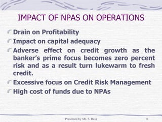 IMPACT OF NPAS ON OPERATIONS Drain on Profitability Impact on capital adequacy Adverse effect on credit growth as the banker’s prime focus becomes zero percent risk and as a result turn lukewarm to fresh credit. Excessive focus on Credit Risk Management High cost of funds due to NPAs 