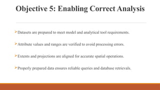 Objective 5: Enabling Correct Analysis
Datasets are prepared to meet model and analytical tool requirements.
Attribute values and ranges are verified to avoid processing errors.
Extents and projections are aligned for accurate spatial operations.
Properly prepared data ensures reliable queries and database retrievals.
 