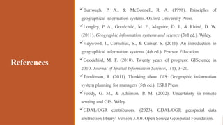 References
Burrough, P. A., & McDonnell, R. A. (1998). Principles of
geographical information systems. Oxford University Press.
Longley, P. A., Goodchild, M. F., Maguire, D. J., & Rhind, D. W.
(2011). Geographic information systems and science (3rd ed.). Wiley.
Heywood, I., Cornelius, S., & Carver, S. (2011). An introduction to
geographical information systems (4th ed.). Pearson Education.
Goodchild, M. F. (2010). Twenty years of progress: GIScience in
2010. Journal of Spatial Information Science, 1(1), 3–20.
Tomlinson, R. (2011). Thinking about GIS: Geographic information
system planning for managers (5th ed.). ESRI Press.
Foody, G. M., & Atkinson, P. M. (2002). Uncertainty in remote
sensing and GIS. Wiley.
GDAL/OGR contributors. (2023). GDAL/OGR geospatial data
abstraction library: Version 3.8.0. Open Source Geospatial Foundation.
 