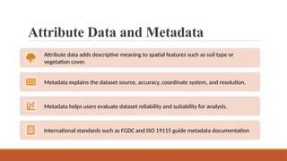 Attribute Data and Metadata
Attribute data adds descriptive meaning to spatial features such as soil type or
vegetation cover.
Metadata explains the dataset source, accuracy, coordinate system, and resolution.
Metadata helps users evaluate dataset reliability and suitability for analysis.
International standards such as FGDC and ISO 19115 guide metadata documentation
 
