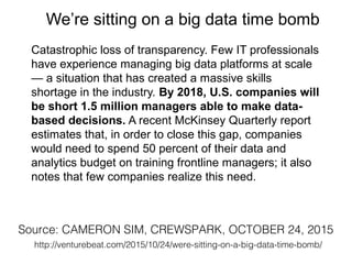We’re sitting on a big data time bomb
Catastrophic loss of transparency. Few IT professionals
have experience managing big data platforms at scale
— a situation that has created a massive skills
shortage in the industry. By 2018, U.S. companies will
be short 1.5 million managers able to make data-
based decisions. A recent McKinsey Quarterly report
estimates that, in order to close this gap, companies
would need to spend 50 percent of their data and
analytics budget on training frontline managers; it also
notes that few companies realize this need.
Source: CAMERON SIM, CREWSPARK, OCTOBER 24, 2015
http://venturebeat.com/2015/10/24/were-sitting-on-a-big-data-time-bomb/
 