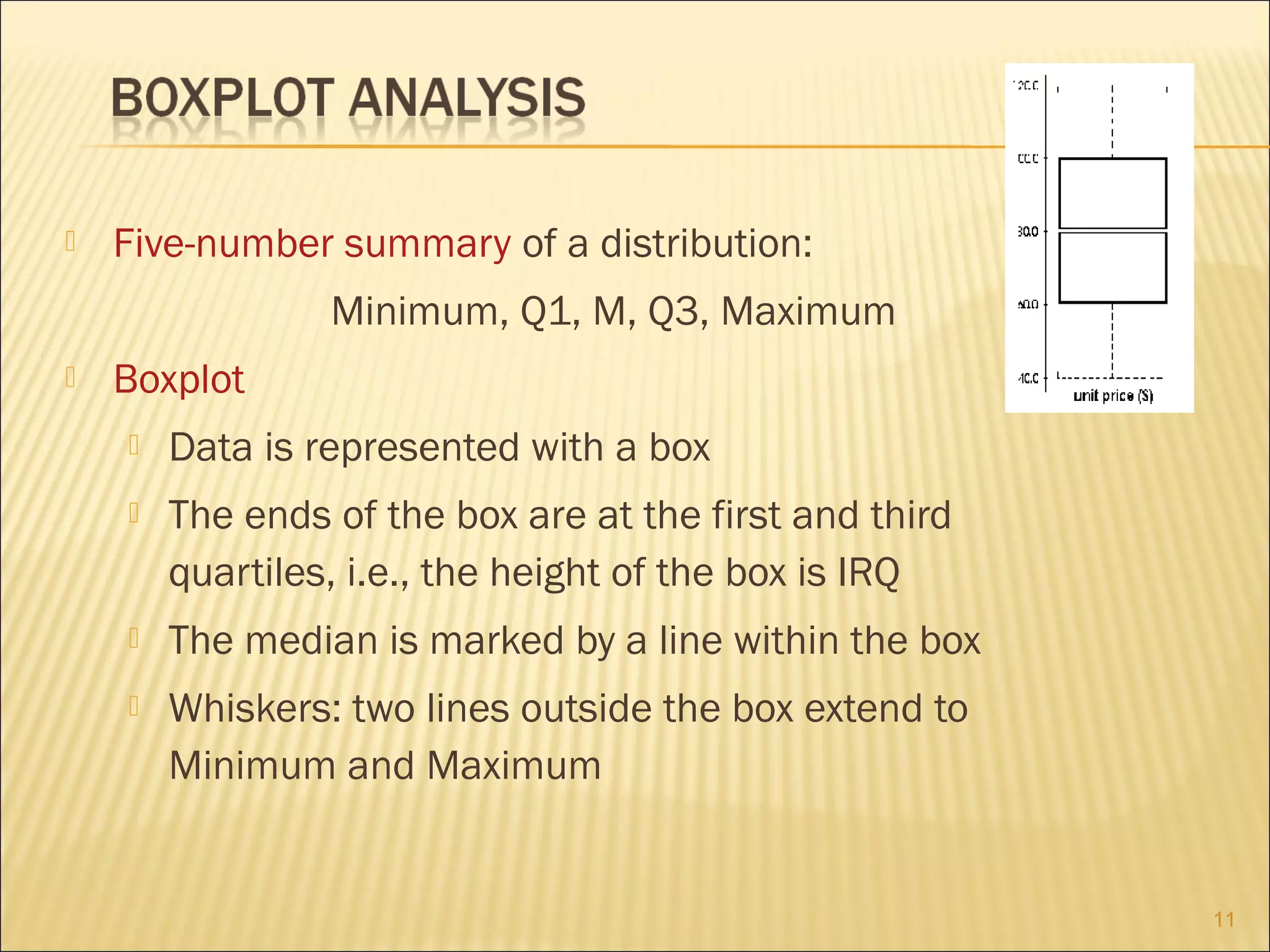 

Five-number summary of a distribution:
Minimum, Q1, M, Q3, Maximum



Boxplot


Data is represented with a box



The ends of the box are at the first and third
quartiles, i.e., the height of the box is IRQ



The median is marked by a line within the box



Whiskers: two lines outside the box extend to
Minimum and Maximum

11

 