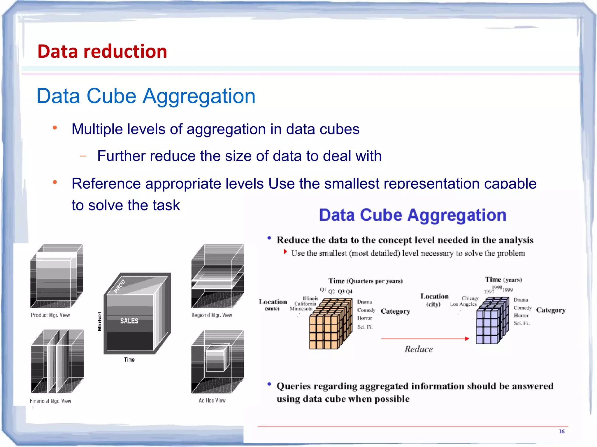 Data Cube Aggregation
Data reduction

Multiple levels of aggregation in data cubes
− Further reduce the size of data to deal with

Reference appropriate levels Use the smallest representation capable
to solve the task
 