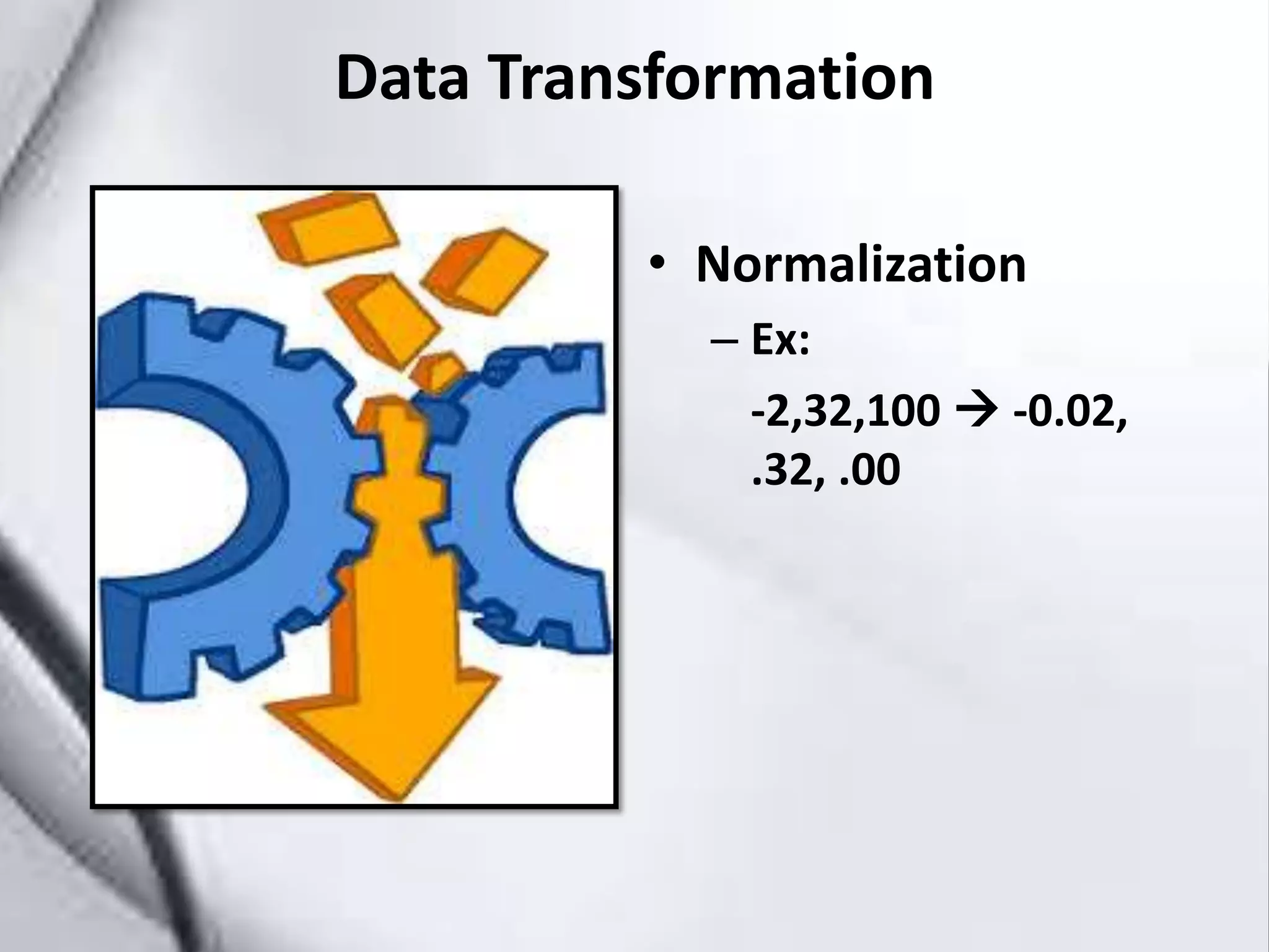Data Transformation
• Normalization
– Ex:
-2,32,100 -0.02,
.32, .00