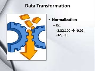 Data Transformation
• Normalization
– Ex:
-2,32,100  -0.02,
.32, .00
 
