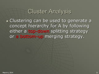 Cluster Analysis


Clustering can be used to generate a
concept hierarchy for A by following
either a top-down splitting strategy
or a bottom-up merging strategy.

March 6, 2014

21

 