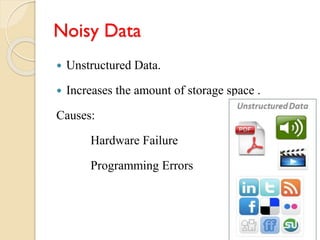 Noisy Data
 Unstructured Data.
 Increases the amount of storage space .
Causes:
Hardware Failure
Programming Errors
 
