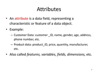 Attributes
• An attribute is a data field, representing a
characteristic or feature of a data object.
• Example:
– Customer Data: customer _ID, name, gender, age, address,
phone number, etc.
– Product data: product_ID, price, quantity, manufacturer,
etc.
• Also called features, variables, fields, dimensions, etc.
4
 
