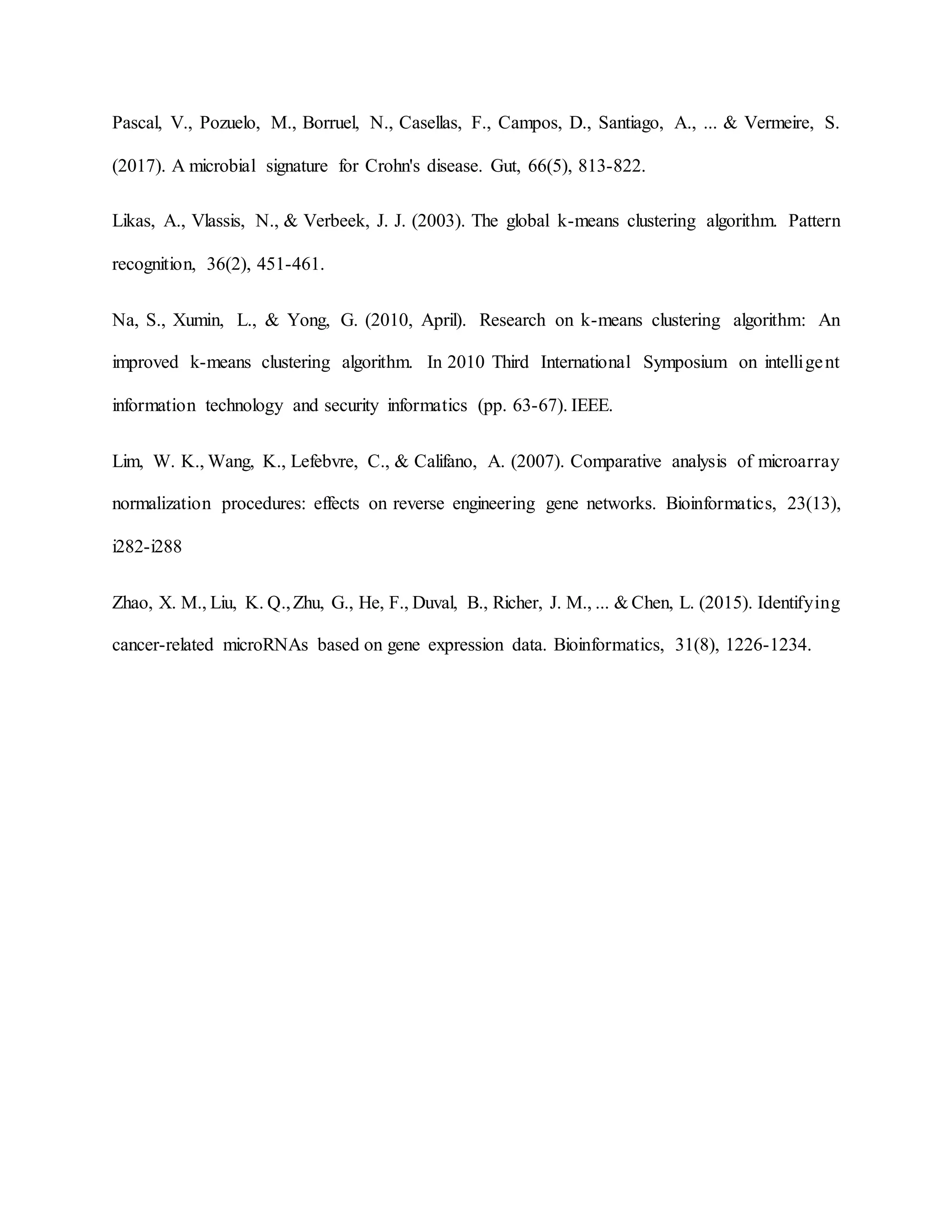 Pascal, V., Pozuelo, M., Borruel, N., Casellas, F., Campos, D., Santiago, A., ... & Vermeire, S.
(2017). A microbial signature for Crohn's disease. Gut, 66(5), 813-822.
Likas, A., Vlassis, N., & Verbeek, J. J. (2003). The global k-means clustering algorithm. Pattern
recognition, 36(2), 451-461.
Na, S., Xumin, L., & Yong, G. (2010, April). Research on k-means clustering algorithm: An
improved k-means clustering algorithm. In 2010 Third International Symposium on intelligent
information technology and security informatics (pp. 63-67). IEEE.
Lim, W. K., Wang, K., Lefebvre, C., & Califano, A. (2007). Comparative analysis of microarray
normalization procedures: effects on reverse engineering gene networks. Bioinformatics, 23(13),
i282-i288
Zhao, X. M., Liu, K. Q.,Zhu, G., He, F., Duval, B., Richer, J. M., ... & Chen, L. (2015). Identifying
cancer-related microRNAs based on gene expression data. Bioinformatics, 31(8), 1226-1234.
 