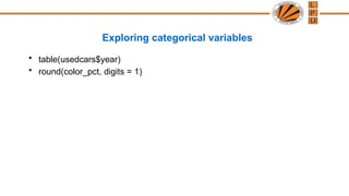 Exploring categorical variables
• table(usedcars$year)
• round(color_pct, digits = 1)
 