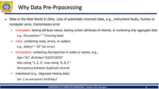 DEPARTMENT OF COMPUTER ENGINEERING, Sanjivani COE, Kopargaon 4
Why Data Pre-Prpocessing
 Data in the Real World Is Dirty: Lots of potentially incorrect data, e.g., instrument faulty, human or
computer error, transmission error
 incomplete: lacking attribute values, lacking certain attributes of interest, or containing only aggregate data
e.g., Occupation=“ ” (missing data)
 noisy: containing noise, errors, or outliers
e.g., Salary=“−10” (an error)
 inconsistent: containing discrepancies in codes or names, e.g.,
Age=“42”, Birthday=“03/07/2010”
Was rating “1, 2, 3”, now rating “A, B, C”
discrepancy between duplicate records
 Intentional (e.g., disguised missing data)
Jan. 1 as everyone’s birthday?
 