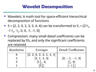 28
Wavelet Decomposition
 Wavelets: A math tool for space-efficient hierarchical
decomposition of functions
 S = [2, 2, 0, 2, 3, 5, 4, 4] can be transformed to S^ = [23
/4,
-11
/4, 1
/2, 0, 0, -1, -1, 0]
 Compression: many small detail coefficients can be
replaced by 0’s, and only the significant coefficients
are retained
 