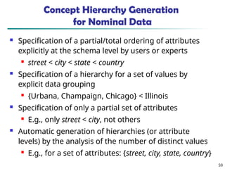 59
Concept Hierarchy Generation
for Nominal Data
 Specification of a partial/total ordering of attributes
explicitly at the schema level by users or experts
 street < city < state < country
 Specification of a hierarchy for a set of values by
explicit data grouping
 {Urbana, Champaign, Chicago} < Illinois
 Specification of only a partial set of attributes
 E.g., only street < city, not others
 Automatic generation of hierarchies (or attribute
levels) by the analysis of the number of distinct values
 E.g., for a set of attributes: {street, city, state, country}
 