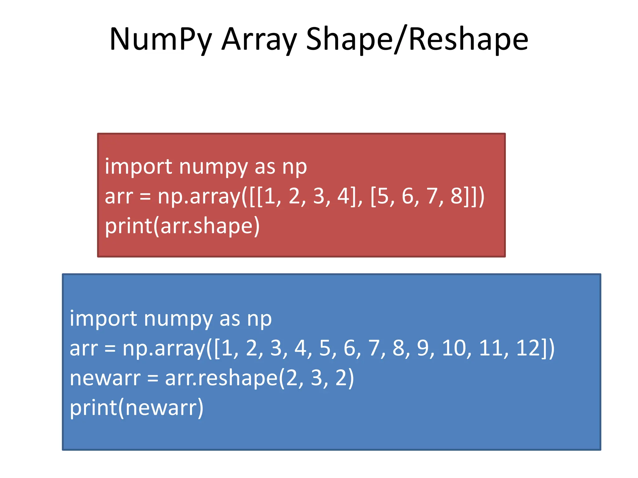 NumPy Array Shape/Reshape import numpy as np arr = np.array([[1, 2, 3, 4], [5, 6, 7, 8]]) print(arr.shape) import numpy as np arr = np.array([1, 2, 3, 4, 5, 6, 7, 8, 9, 10, 11, 12]) newarr = arr.reshape(2, 3, 2) print(newarr) 