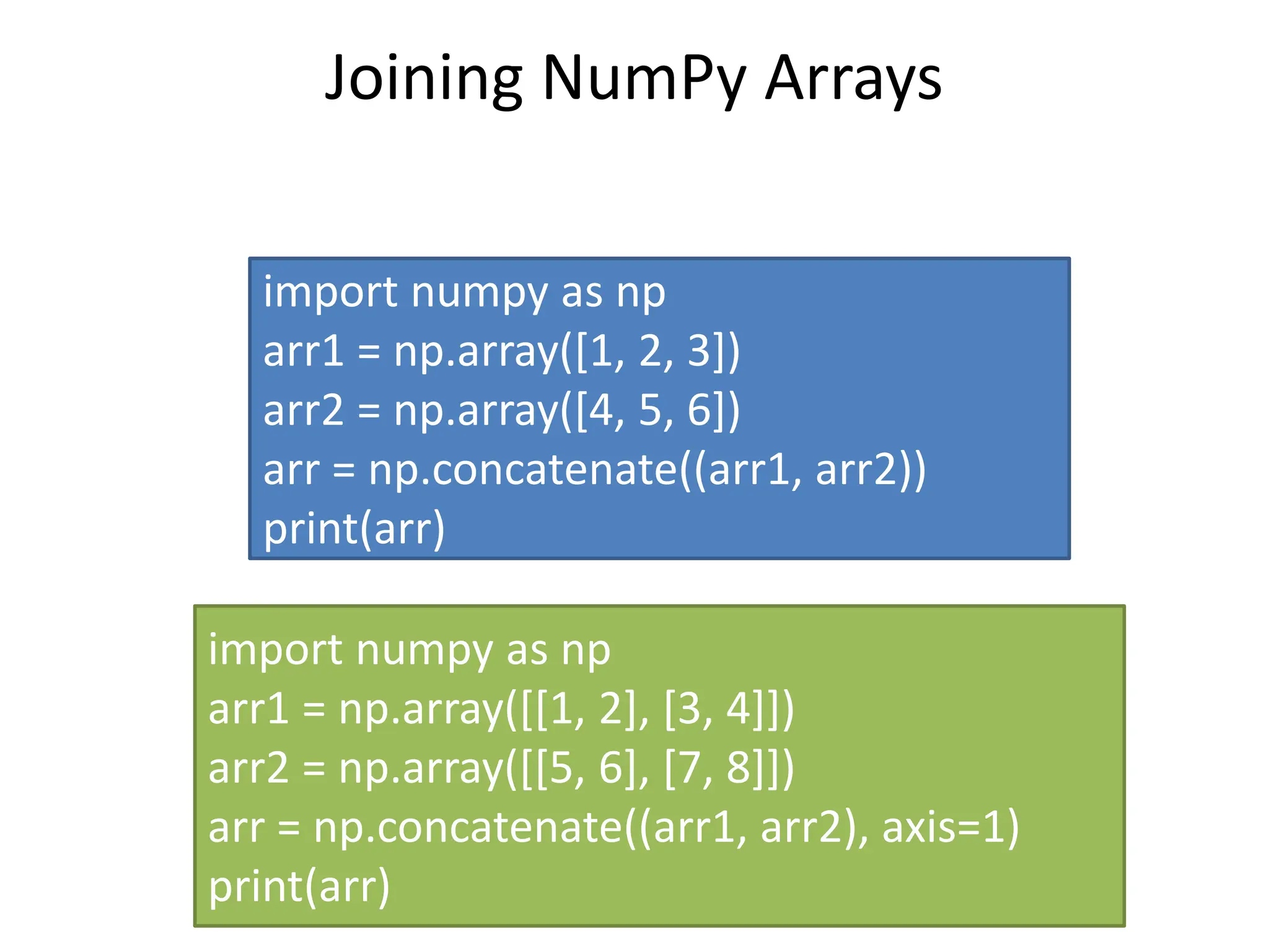 Joining NumPy Arrays import numpy as np arr1 = np.array([1, 2, 3]) arr2 = np.array([4, 5, 6]) arr = np.concatenate((arr1, arr2)) print(arr) import numpy as np arr1 = np.array([[1, 2], [3, 4]]) arr2 = np.array([[5, 6], [7, 8]]) arr = np.concatenate((arr1, arr2), axis=1) print(arr) 