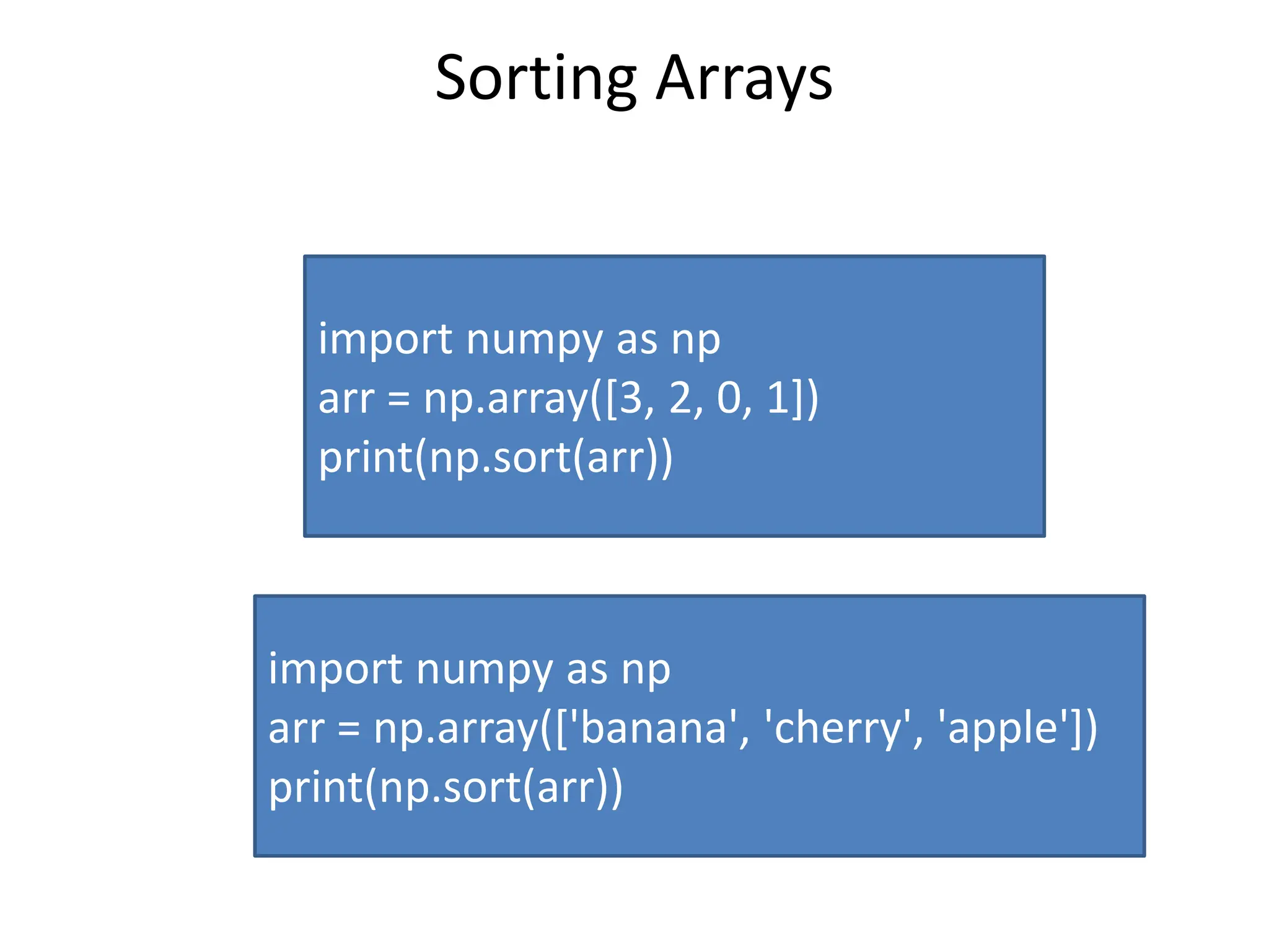 Sorting Arrays import numpy as np arr = np.array([3, 2, 0, 1]) print(np.sort(arr)) import numpy as np arr = np.array(['banana', 'cherry', 'apple']) print(np.sort(arr)) 