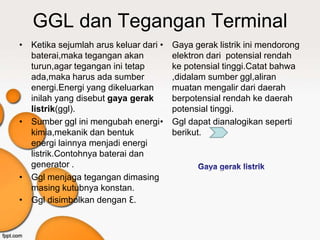 GGL dan Tegangan Terminal
• Ketika sejumlah arus keluar dari •   Gaya gerak listrik ini mendorong
  baterai,maka tegangan akan           elektron dari potensial rendah
  turun,agar tegangan ini tetap        ke potensial tinggi.Catat bahwa
  ada,maka harus ada sumber            ,didalam sumber ggl,aliran
  energi.Energi yang dikeluarkan       muatan mengalir dari daerah
  inilah yang disebut gaya gerak       berpotensial rendah ke daerah
  listrik(ggl).                        potensial tinggi.
• Sumber ggl ini mengubah energi •     Ggl dapat dianalogikan seperti
  kimia,mekanik dan bentuk             berikut.
  energi lainnya menjadi energi
  listrik.Contohnya baterai dan
  generator .
• Ggl menjaga tegangan dimasing
  masing kutubnya konstan.
• Ggl disimbolkan dengan Ɛ.
 