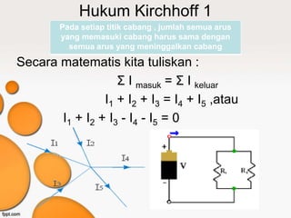 Hukum Kirchhoff 1
        Pada setiap titik cabang , jumlah semua arus
        yang memasuki cabang harus sama dengan
          semua arus yang meninggalkan cabang

Secara matematis kita tuliskan :
                   Σ I masuk = Σ I keluar
                I1 + I2 + I3 = I4 + I5 ,atau
       I1 + I2 + I3 - I4 - I5 = 0
 