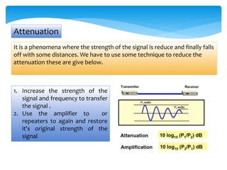 Attenuation 
It is a phenomena where the strength of the signal is reduce and finally falls 
off with some distances. We have to use some technique to reduce the 
attenuation these are give below. 
1. Increase the strength of the 
signal and frequency to transfer 
the signal . 
2. Use the amplifier to or 
repeaters to again and restore 
it's original strength of the 
signal 
 