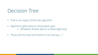 Decision Tree
• Tree is an output of the tree algorithm
• Algorithm splits data on information gain
• Whatever divides data in a meaningful way
• “If you tell me how old he/she is I can tell you…”
 