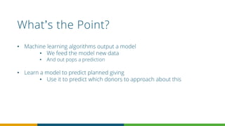 What’s the Point?
• Machine learning algorithms output a model
• We feed the model new data
• And out pops a prediction
• Learn a model to predict planned giving
• Use it to predict which donors to approach about this
 