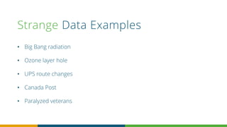 Strange Data Examples
• Big Bang radiation
• Ozone layer hole
• UPS route changes
• Canada Post
• Paralyzed veterans
 