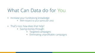 What Can Data do for You
• Increase your fundraising knowledge
• With respect to your particular area
• That’s nice, how does that help?
• Saving money through:
• Targeted campaigns
• Eliminating unprofitable campaigns
 