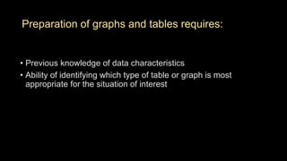 Preparation of graphs and tables requires:
• Previous knowledge of data characteristics
• Ability of identifying which type of table or graph is most
appropriate for the situation of interest
 