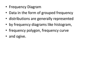 • Frequency Diagram
• Data in the form of grouped frequency
• distributions are generally represented
• by frequency diagrams like histogram,
• frequency polygon, frequency curve
• and ogive.
 