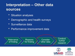 Interpretation – Other data
sources
 Situation analyses
 Demographic and health surveys
 Surveillance data
 Performance improvement data
 