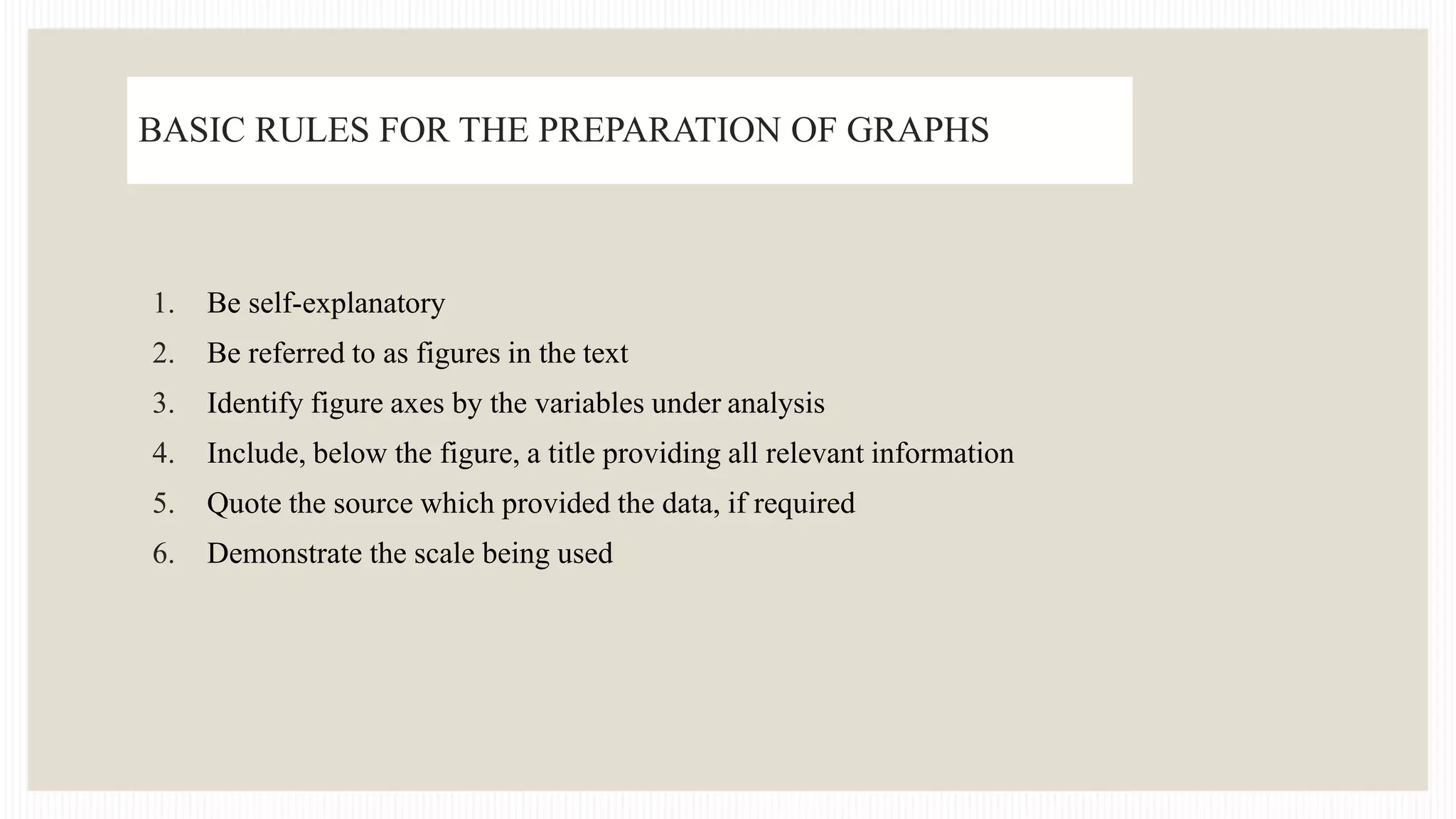 BASIC RULES FOR THE PREPARATION OF GRAPHS
1. Be self-explanatory
2. Be referred to as figures in the text
3. Identify figure axes by the variables under analysis
4. Include, below the figure, a title providing all relevant information
5. Quote the source which provided the data, if required
6. Demonstrate the scale being used
 
