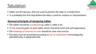 Tabulation
 Tables are the devices, that are used to present the data in a simple form.
 It is probably the first step before the data is used for analysis or interpretation.
General principals of designing tables
 The tables should be numbered e.g. table 1, table 2 etc.
 A title must be given to each table, which should be brief and self explanatory.
 The headings of columns or rows should be clear and concise.
 The data must be presented according to size or importance chronologically,
alphabetically, or geographically.
 