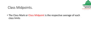 Class Midpoints.
• The Class Mark or Class Midpoint is the respective average of each
class limits
 