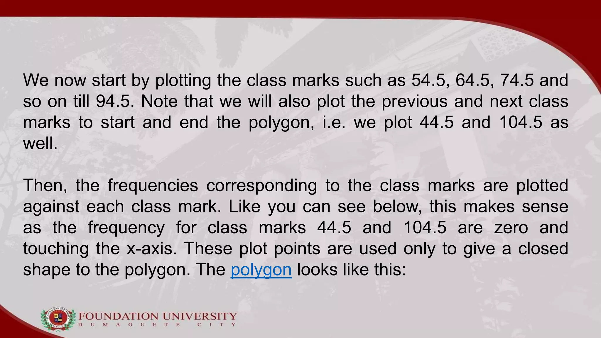 We now start by plotting the class marks such as 54.5, 64.5, 74.5 and
so on till 94.5. Note that we will also plot the previous and next class
marks to start and end the polygon, i.e. we plot 44.5 and 104.5 as
well.
Then, the frequencies corresponding to the class marks are plotted
against each class mark. Like you can see below, this makes sense
as the frequency for class marks 44.5 and 104.5 are zero and
touching the x-axis. These plot points are used only to give a closed
shape to the polygon. The polygon looks like this:
 