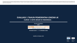 EVALUASI 1 TAHUN PEMERINTAH JOKOWI-JK
- SURVEI 6 KOTA BESAR DI INDONESIA -
Survey di lakukan
oleh:
Periode Survei: 1 – 15 Oktober 2015
JAKARTA, 22 Oktober 2015
The material contained in this document represents proprietary, confidential information pertaining to methodology. By accepting this document, client thereby agrees that the information in this document shall not be disclosed outside of client, shall not be duplicated, used,
or disclosed for any purpose other than to evaluate this document. If, however, a contract is awarded to ALVARA as a result of, or in conjunction with, the submission of this information, client, will have the right to duplicate, use or disclose the material contained herein to the
extent for the resulting contract.
Member of:
Indonesia
Marketing
Research
Association
Indonesia
Public Opinion
Survey
Association
 