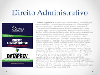 Direito Administrativo 
Conteúdo Programático: Administração pública. Conceito. Centralização e 
descentralização. Concentração e desconcentração. Teoria do Órgão. 
Princípios aplicáveis à Administração Pública. Poderes Administrativos. 
Características dos poderes. Poder de polícia. Poder hierárquico. Poder 
disciplinar. Poder normativo/regulamentar. Ato administrativo. Conceito. 
Atributos do ato administrativo. Elementos ou requisitos do ato administrativo. 
Classificação dos atos administrativos. Espécies de atos administrativos. 
Extinção dos atos administrativos. Controle da administração pública. 
Mecanismos para o exercício do controle da atuação da Administração. 
Responsabilidade civil do Estado. Responsabilidades subjetiva e Objetiva. 
Processo Administrativo Federal. Fases do processo administrativo. Lei do 
processo administrativo - Lei No 9.784 / 99. Agentes Públicos. Acesso e 
investidura em cargos, empregos e funções públicas. Remuneração dos 
servidores e dos agentes políticos. Acúmulo de cargos públicos, empregos e 
funções. Servidor público no exercício de mandato eletivo. Previdência dos 
Servidores Efetivos. Modalidades de aposentadoria dos servidores Efetivos. 
Regime jurídico dos servidores públicos civis da União - Lei no 8.112/90. 
Improbidade Administrativa.Sujeitos Passivos e Ativos nos Atos de 
Improbidade Administrativa. Sanções decorrentes do ato de Improbidade 
Administrativa. Lei de Improbidade Administrativa – Lei No 8.429/92. Licitação. 
Conceito. Princípios. Modalidades de licitação. Licitação Dispensável. 
Licitação inexigível. Revogação e anulação do processo licitatório. Principais 
artigos da lei de Licitações - Lei no 8.666/1993. 
 