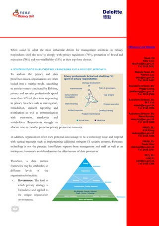 Efficiency Unit Website
When asked to select the most influential drivers for management attention on privacy,
respondents cited the need to comply with privacy regulations (79%), protection of brand and                       Head, EU
                                                                                                                  Head, EU
                                                                                                                  Kitty Choi
reputation (70%) and potential liability (55%) as their top three choices.                                       Kitty Choi
                                                                                                       kkychoi@eu.gov.hk
                                                                                                      kkychoi@eu.gov.hk
                                                                                                             Tel: 2810 2021
                                                                                                            Tel: 2810 2021
A COMPREHENSIVE DATA CONTROL FRAMEWORK AND A HOLISTIC APPROACH                                            Deputy Head, EU
                                                                                                         Deputy Head, EU
                                                                                                                Patricia Lau
To       address       the   privacy      and     data                                                         Patricia Lau
                                                                                                           plau@eu.gov.hk
                                                                                                          plau@eu.gov.hk
                                                                                                             Tel: 2810 3463
protection issues, organisations are often                                                                  Tel: 2810 3463
locked into a reactive mode. According                                                              Assistant Director, EU
                                                                                                   Assistant Director, EU
                                                                                                                  W C Chan
to another survey conducted by Deloitte,                                                                     Peggy Leung
                                                                                                       wcchan@eu.gov.hk
                                                                                                   pwkleung@eu.gov.hk
                                                                                                             Tel: 2165 7228
privacy and security professionals spend                                                                    Tel: 2810 2306
more than 50% of their time responding                                                              Assistant Director, EU
                                                                                                   Assistant Director, Yuk
                                                                                                                    W F EU
to privacy breaches such as investigation,                                                                         W F Yuk
                                                                                                         wfyuk@eu.gov.hk
                                                                                                        wfyuk@eu.gov.hk
                                                                                                             Tel: 2810 3701
remediation,           incident       reporting   and                                                       Tel: 2165 7228
                                                                                                    Assistant Director, EU
notification as well as communication                                                              AssistantSteve Barclay
                                                                                                              Director, EU
with       customers,             employees       and                                                        Steve Barclay
                                                                                                      sbarclay@eu.gov.hk
                                                                                                     sbarclay@eu.gov.hk
                                                                                                             Tel: 2810 3408
stakeholders. Respondents struggle to                                                                       Tel: 2810 3408
                                                                                                                  PMSO, EU
allocate time to consider proactive privacy protection measures.                                                 PMSO, EU
                                                                                                                    Hedy Lo
                                                                                                                 K W Kong
                                                                                                         hwhlo@eu.gov.hk
                                                                                                      kwkong@eu.gov.hk
                                                                                                             Tel: 2165 7288
In addition, organisations often view personal data leakage to be a technology issue and respond            Tel: 2165 7288
                                                                                                                  PMSO, EU
with tactical measures such as implementing additional stringent IT security controls. However,                  PMSO, EU
                                                                                                              Peggy Leung
                                                                                                                David Hooi
                                                                                                    pwkleung@eu.gov.hk
technology is not the panacea. Insufficient support from management and staff as well as an          dwkhooi@eu.gov.hk
                                                                                                             Tel: 2165 7206
                                                                                                            Tel: 2810 3701
inadequate framework would undermine the effectiveness of data protection.                                          PEO, EU
                                                                                                                   PEO, EU
                                                                                                                     Judy Li
                                                                                                                    Judy Li
                                                                                                           jckli@eu.gov.hk
Therefore,         a      data        control                                                             jckli@eu.gov.hk
                                                                                                   Tel: 2810 2306
                                                                                                            Tel: 2165 7206
framework may be established at
different          levels        of      the
organisation to include:
•        Governance: The level at
         which privacy strategy is
         formulated and applied to
         the unique organisation
         environment;


     3
 