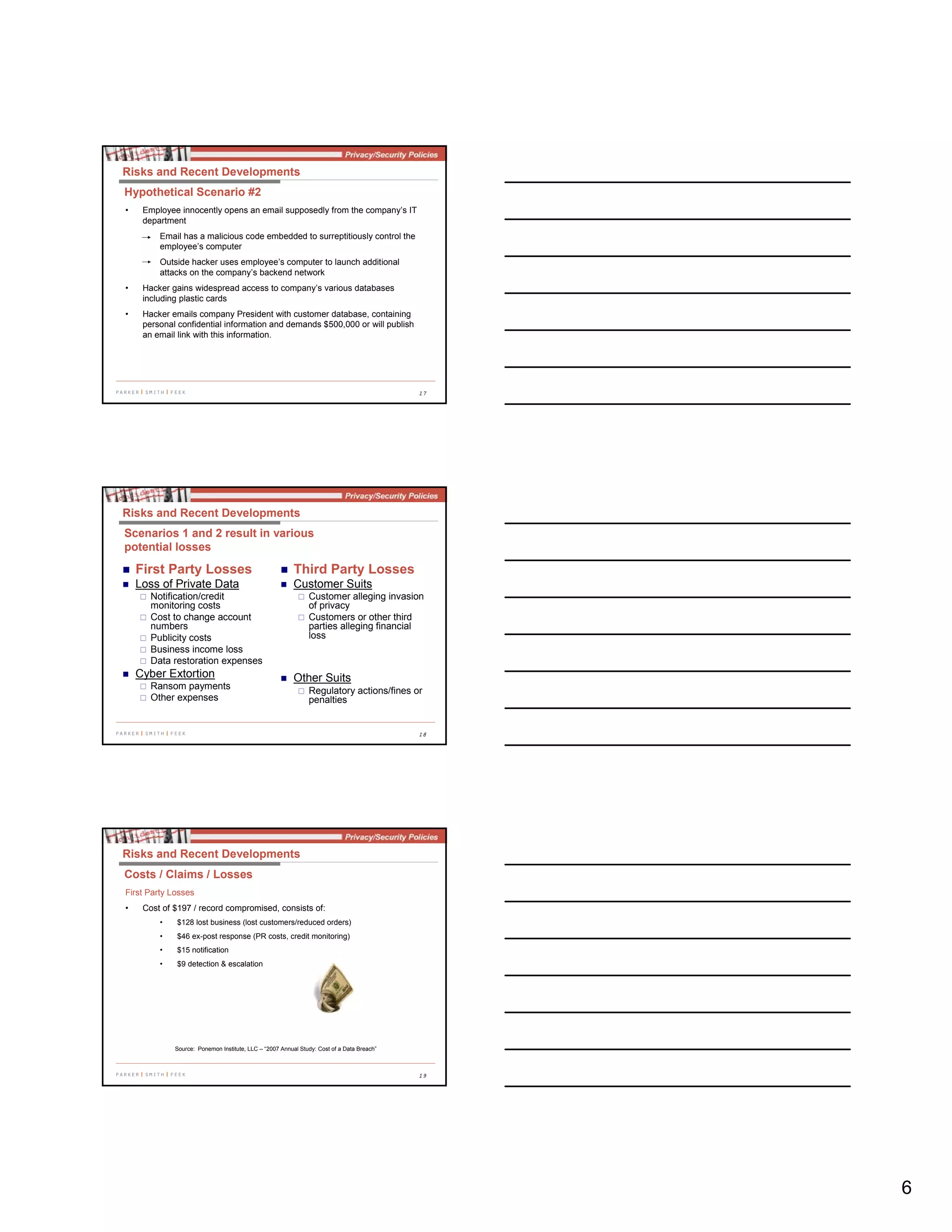 6
17
Risks and Recent Developments
Hypothetical Scenario #2
• Employee innocently opens an email supposedly from the company’s IT
department
Email has a malicious code embedded to surreptitiously control the
employee’s computer
Outside hacker uses employee’s computer to launch additional
attacks on the company’s backend network
• Hacker gains widespread access to company’s various databases
including plastic cards
• Hacker emails company President with customer database, containing
personal confidential information and demands $500,000 or will publish
an email link with this information.
18
Risks and Recent Developments
Scenarios 1 and 2 result in various
potential losses
First Party Losses
Loss of Private Data
Notification/credit
monitoring costs
Cost to change account
numbers
Publicity costs
Business income loss
Data restoration expenses
Cyber Extortion
Ransom payments
Other expenses
Third Party Losses
Customer Suits
Customer alleging invasion
of privacy
Customers or other third
parties alleging financial
loss
Other Suits
Regulatory actions/fines or
penalties
19
First Party Losses
• Cost of $197 / record compromised, consists of:
• $128 lost business (lost customers/reduced orders)
• $46 ex-post response (PR costs, credit monitoring)
• $15 notification
• $9 detection & escalation
Source: Ponemon Institute, LLC – “2007 Annual Study: Cost of a Data Breach”
Risks and Recent Developments
Costs / Claims / Losses
 