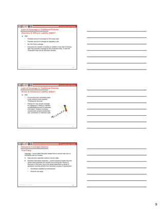 9
26
D&O:
• Possible source of coverage for third party suits
• Possible source of coverage for regulatory suits
• No First Party coverage
• Exclusions for invasion of privacy or violation of any right of privacy
right may preclude coverage for the Corporate Entity, or both the
Corporate Entity and all Individual Insureds
Lack of Coverage in Traditional Policies
Directors & Officers Liability (D&O)?
27
E&O:
• For wrongful acts committed solely
in the conduct of the Insured’s
“Professional Services”
• Policies for may include coverage
for negligence in failing to maintain
confidentiality/security of customers
information, invasion of privacy,
unauthorized access/unauthorized
use, introduction of malicious code
Lack of Coverage in Traditional Policies
Errors & Omissions Liability (E&O)?
28
Overview – covers direct first party losses that an insured may incur in
connection with an incident.
A. Data recovery expenses (costs to recover data)
B. Business interruption expenses – covers business income loss and
certain extra expenses the insured incurs during the “Period of
Recovery of Services” due to the actual impairment or denial of
operations resulting directly from fraudulent access or transmission
• Sometimes available by endorsement
• Sublimits can apply
Insurance Coverage Options
First Party
 