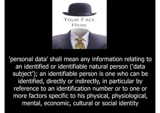 'personal data' shall mean any information relating to
an identified or identifiable natural person ('data
subject'); an identifiable person is one who can be
identified, directly or indirectly, in particular by
reference to an identification number or to one or
more factors specific to his physical, physiological,
mental, economic, cultural or social identity
 
