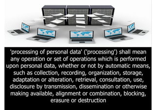 'processing of personal data' ('processing') shall mean
any operation or set of operations which is performed
upon personal data, whether or not by automatic means,
such as collection, recording, organization, storage,
adaptation or alteration, retrieval, consultation, use,
disclosure by transmission, dissemination or otherwise
making available, alignment or combination, blocking,
erasure or destruction
 