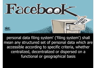 personal data filing system' ('filing system') shall
mean any structured set of personal data which are
accessible according to specific criteria, whether
centralized, decentralized or dispersed on a
functional or geographical basis
 