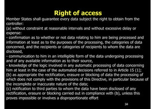 34
Right of access
Member States shall guarantee every data subject the right to obtain from the
controller:
(a) without constraint at reasonable intervals and without excessive delay or
expense:
- confirmation as to whether or not data relating to him are being processed and
information at least as to the purposes of the processing, the categories of data
concerned, and the recipients or categories of recipients to whom the data are
disclosed,
- communication to him in an intelligible form of the data undergoing processing
and of any available information as to their source,
- knowledge of the logic involved in any automatic processing of data concerning
him at least in the case of the automated decisions referred to in Article 15 (1);
(b) as appropriate the rectification, erasure or blocking of data the processing of
which does not comply with the provisions of this Directive, in particular because of
the incomplete or inaccurate nature of the data;
(c) notification to third parties to whom the data have been disclosed of any
rectification, erasure or blocking carried out in compliance with (b), unless this
proves impossible or involves a disproportionate effort
 