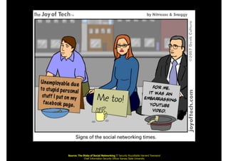 Source: The Risks of Social Networking IT Security Roundtable Harvard Townsend 
Chief Information Security Officer Kansas State University
 