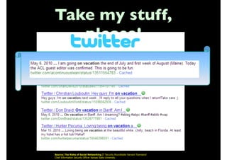 Take my stuff,
please!
Source: The Risks of Social Networking IT Security Roundtable Harvard Townsend 
Chief Information Security Officer Kansas State University
 