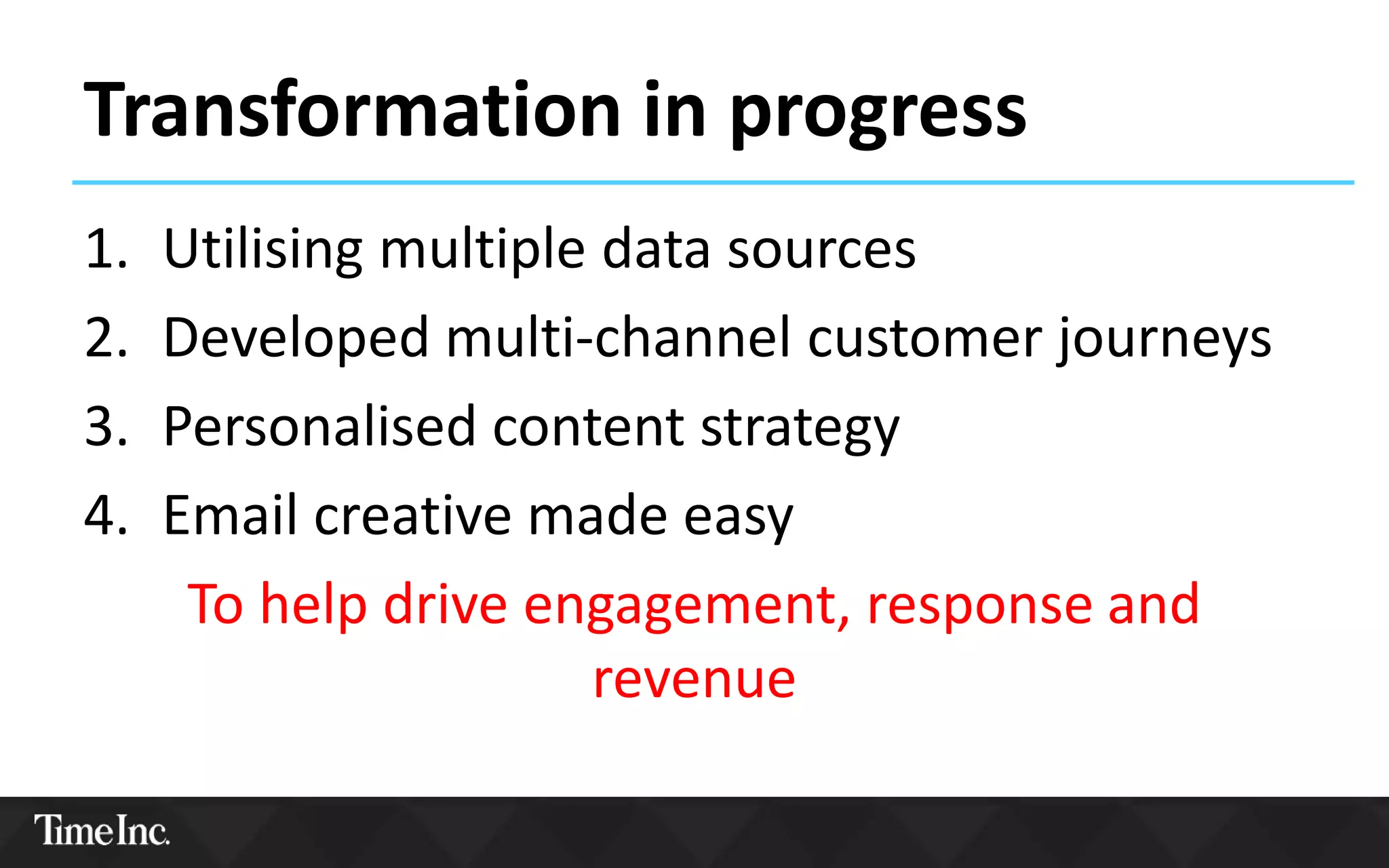 Transformation in progress
1. Utilising multiple data sources
2. Developed multi-channel customer journeys
3. Personalised content strategy
4. Email creative made easy
To help drive engagement, response and
revenue
 
