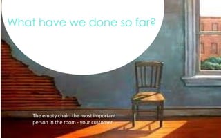 What have we done so far?
The empty chair: the most important
person in the room - your customer
 